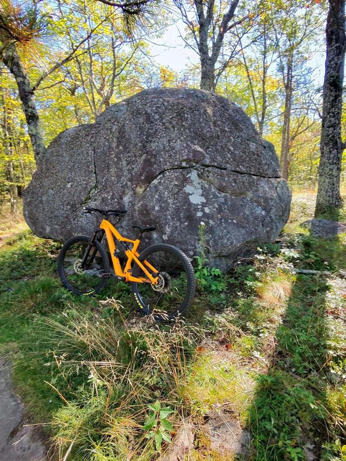 An orange full suspension mountain bike leaning against a large glacial boulder beside a trail in early autumn woods